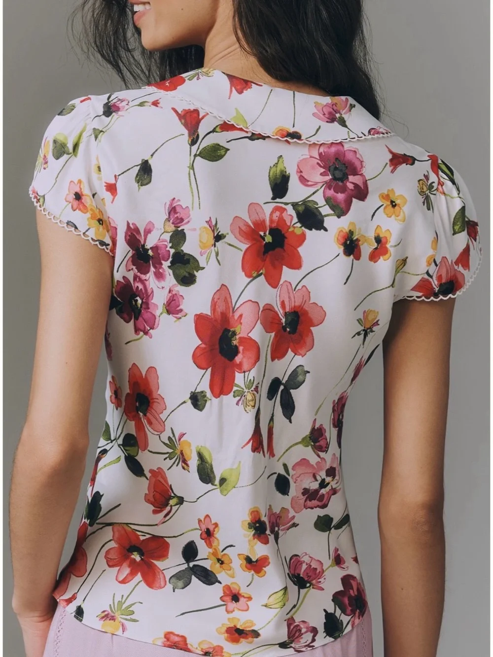 Anthropologie by Anthropologie Floral Lace Trim Cap Sleeve Blouse - Picture 3 of 8